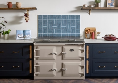 Everhot Product Page small images (1) Navy blue kitchen with mushroom coloured Everhot cooker