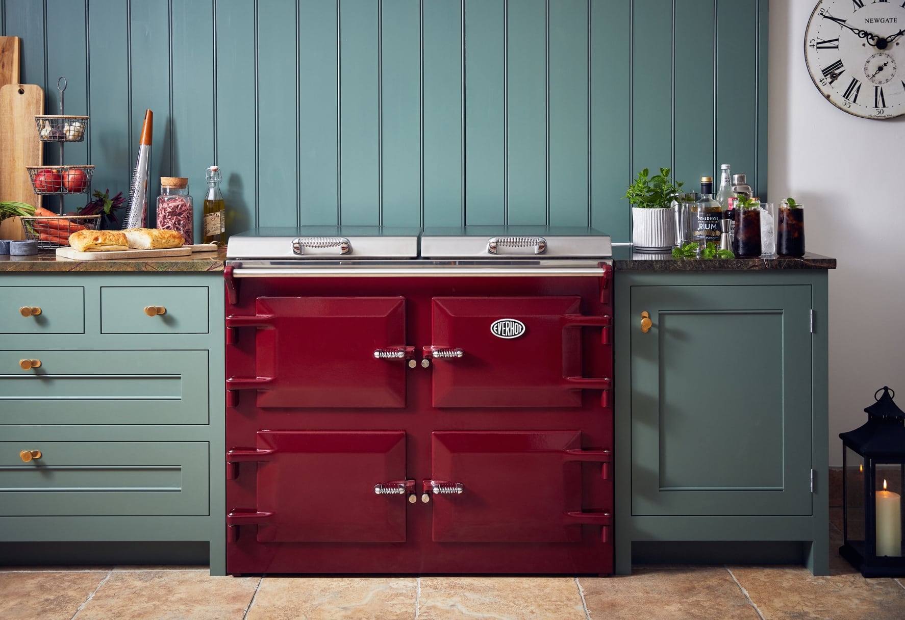 Everhot Cooker in Burgundy within green kitchen