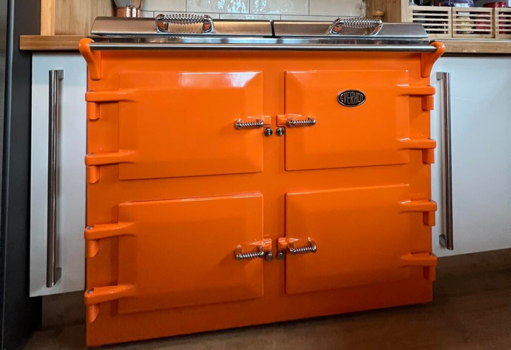 Everhot cooker in tangerine close up shot