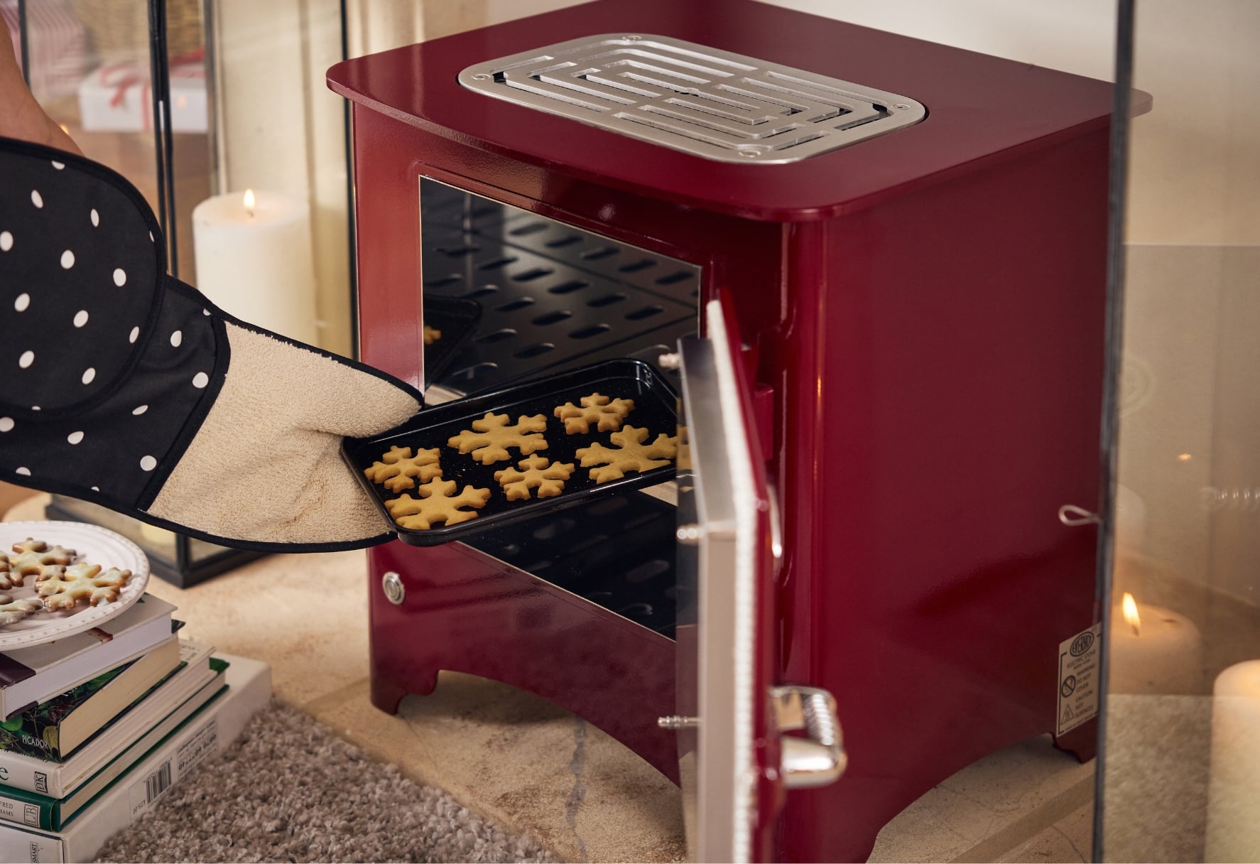 Everhot Stove in Burgundy with Christmas biscuits coming out