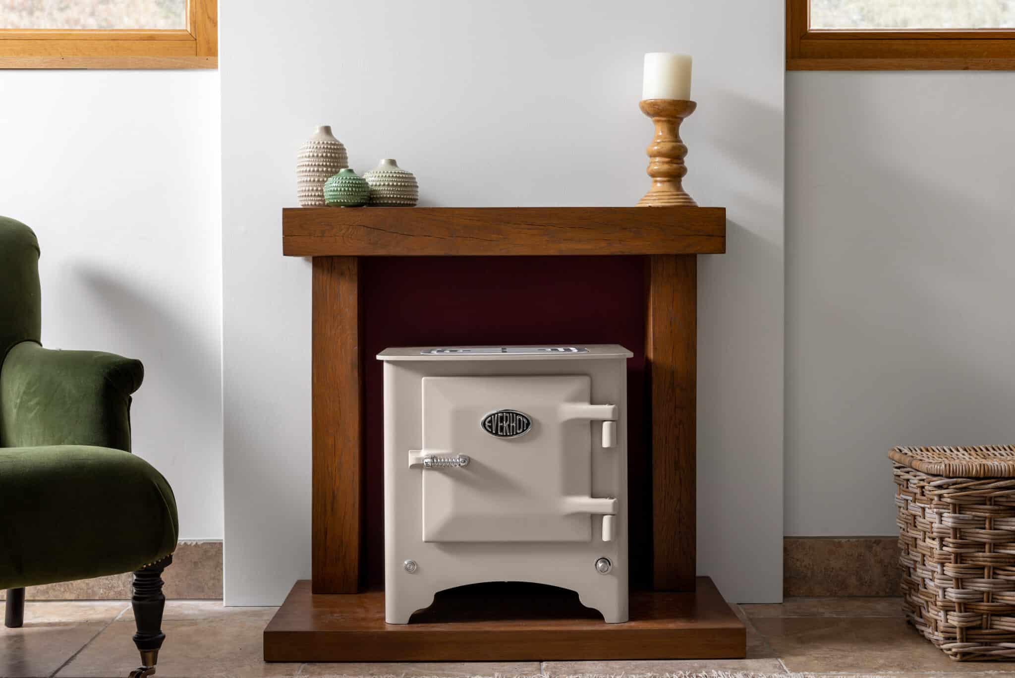 The stunning Everhot Heater in Mushroom looking beautiful in a living room