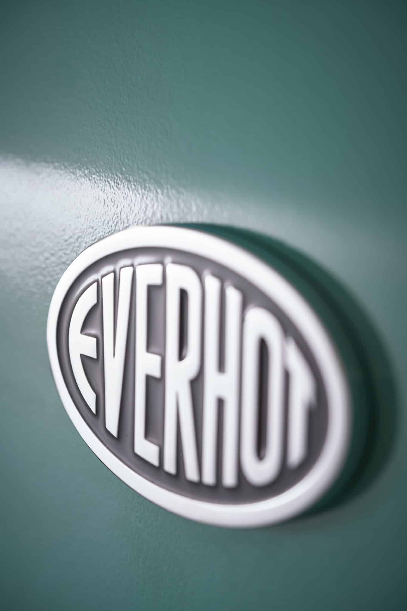 The Everhot logo on a stunning Aqua electric range cooker