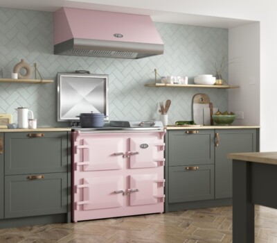 Dusky Pink Everhot in green kitchen