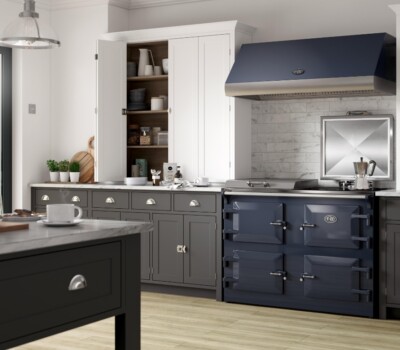 Marine Blue Everhot with hood in grey kitchen
