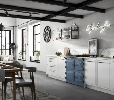Dusky Blue Everhot in white kitchen