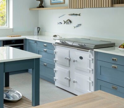 White Everhot in blue kitchen