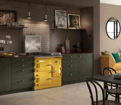 Everhot 90 in Mustard Yellow in Green kitchen