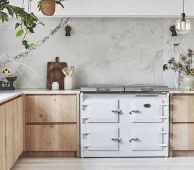 White Everhot in wooden kitchen