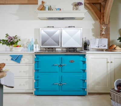 Bright teal Everhot in white kitchen